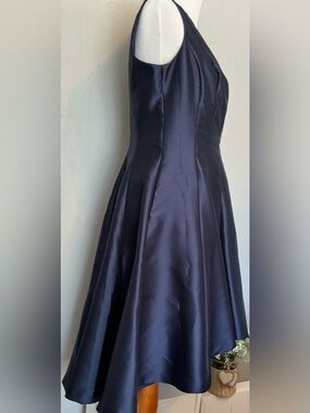 Badgley Mischka Midnight Navy Sleeveless Flared Midi Dress. OBO